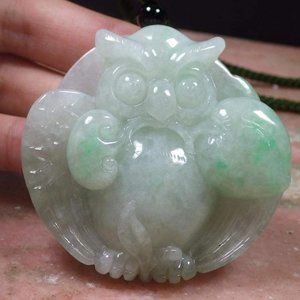 Certified Natural Myanmar Burma A Jade jadeite OWL Peach Lotus Pendant Necklace